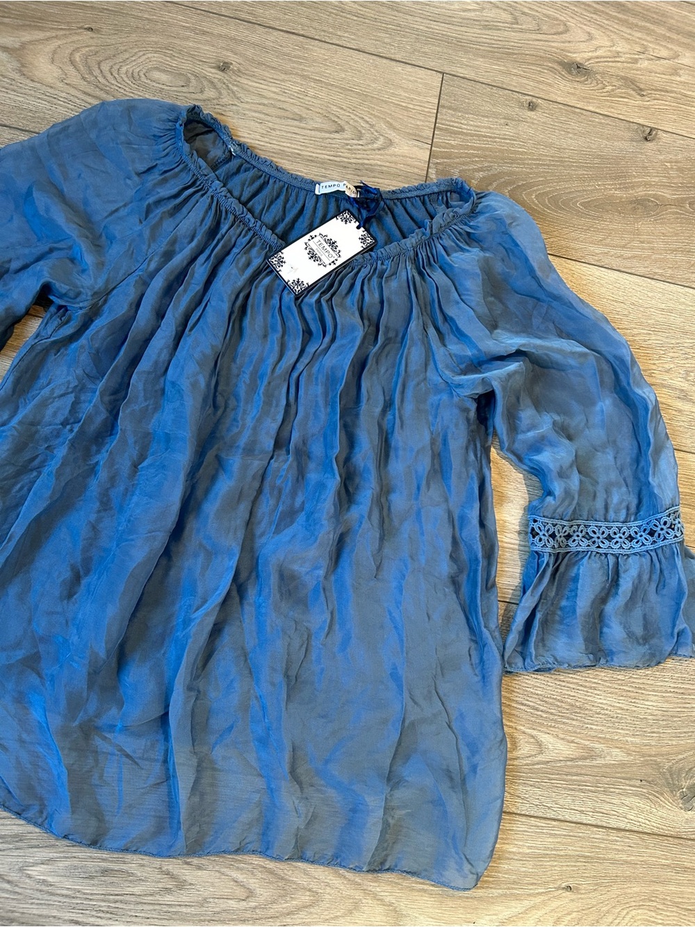 Tempo Paris Blue Gauzy Off 100% Silk Boho blouse Size XL New